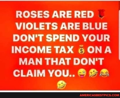 ROSES ARE RED VIOLETS ARE BLUE DON'T SPEND YOUR
(INCOME TAX ON A MAN THAT DON'T CLAIM YOU.. @