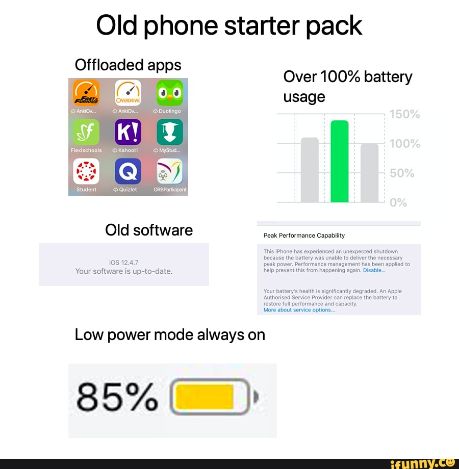 Old phone starter pack
Offloaded apps
Over 100% battery usage
Old software
Peak Performance Capability
08 12.4.7
Your software is up-to-date. help prevent ths from happening again. Disable.
Your batterys health is significantly degraded. An Apple
Service Provider can replace the battery to
restore full pertormance and capacity
More about service options,
Low power mode always on
85%