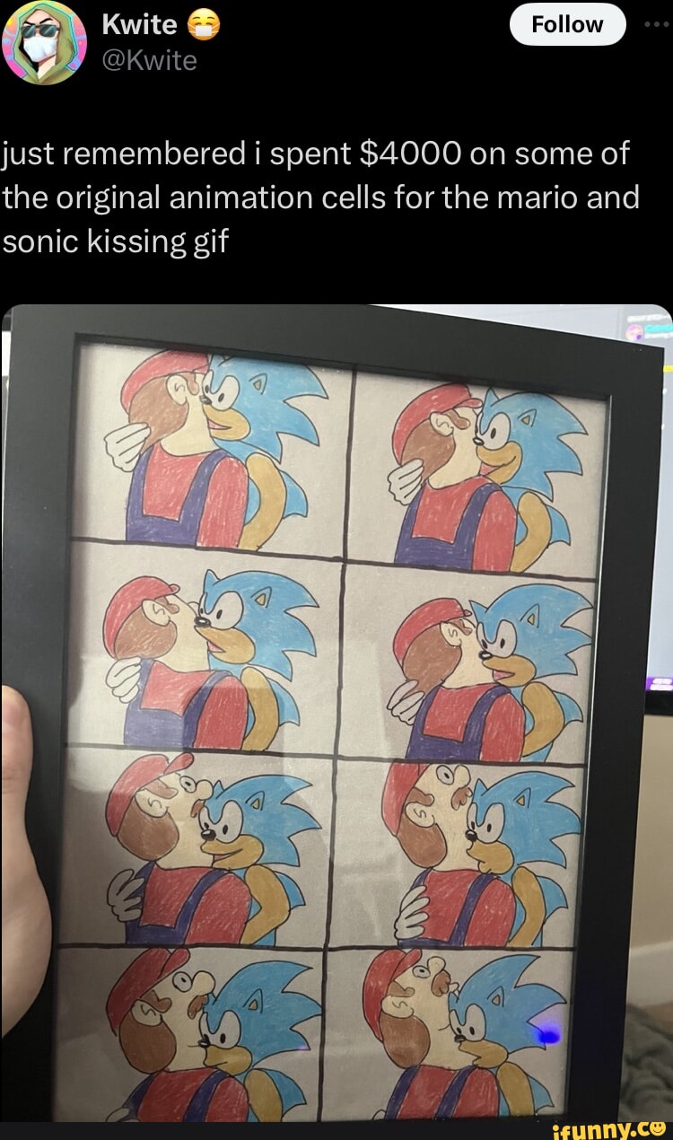 Lite @kwite just remembered i spent $4000 on some of the original animation  cells for the mario and sonic kissing gif - iFunny