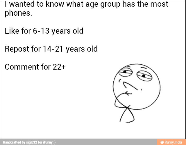 I wanted to know what age group has the most
phones.
Like for 6-13 years old
Repost for 14-21 years old
Comment for 22+