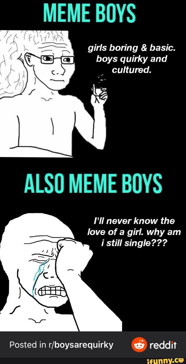 Meme Boys Girls Boring Basic Boys Quirky And Cultured Also Meme Boys I Ll Never Know The Love Of A Girl Why Am I Still Single Posted In Rfboysarequirky Reddit