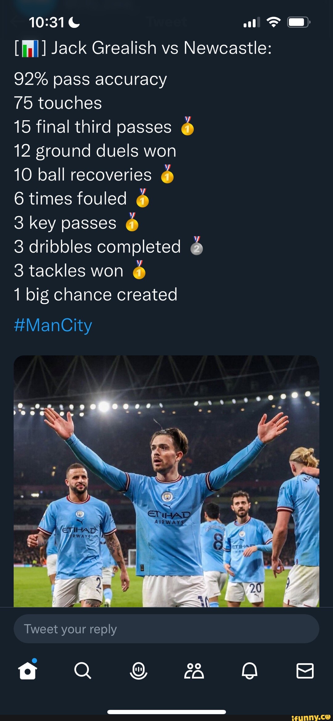 [fA] Jack Grealish vs Newcastle 92 pass accuracy 75 touches 15 final