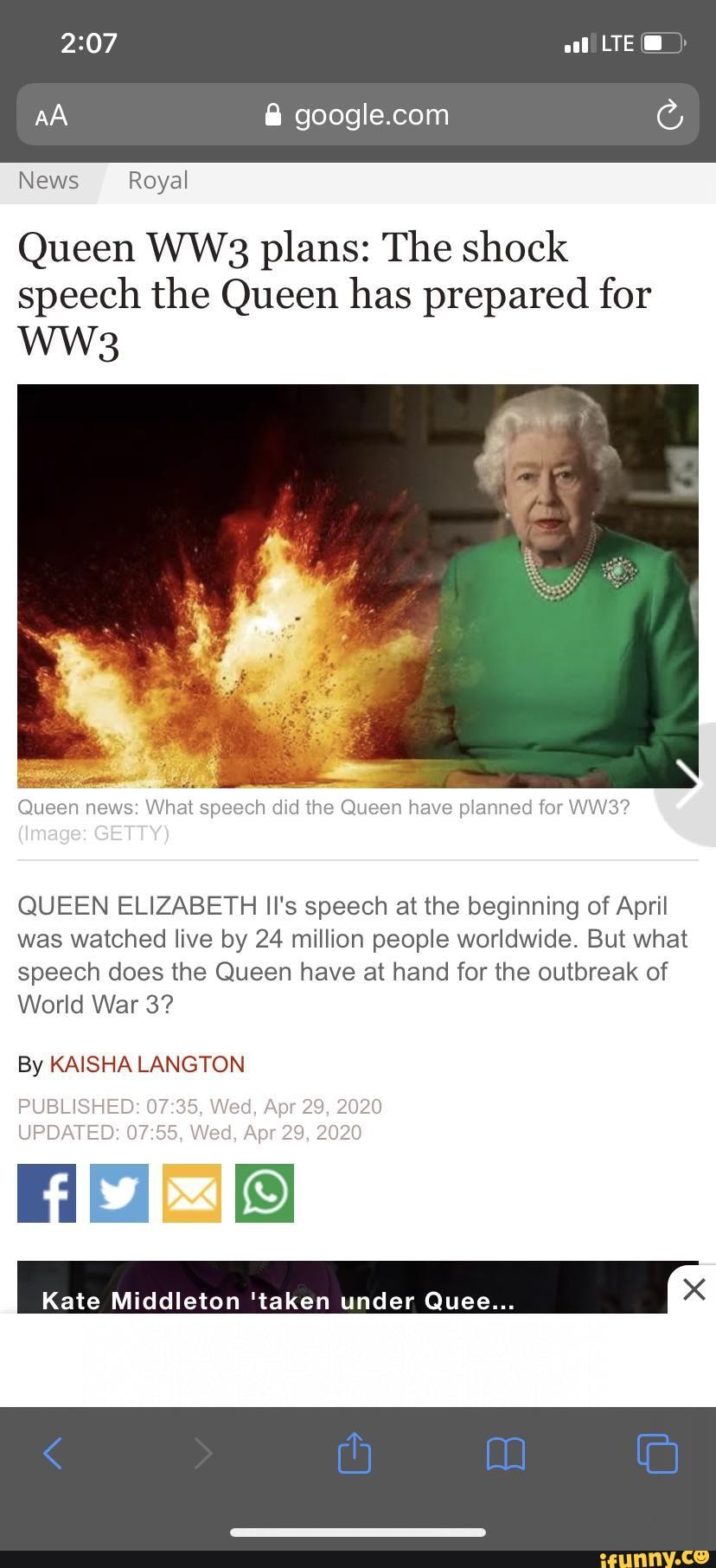 News Royal
Queen WWS3 plans: The shock speech the Queen has prepared for
QUEEN ELIZABETH II's speech at the beginning of April was watched live by 24 million people worldwide. But what speech does the Queen have at hand for the outbreak of
World War 3?
By KAISHA LANGTON
Kate Middleton 'taken under Quee... x