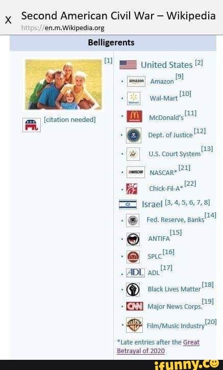 x
Second American Civil War Wikipedia
/en.m.Wikipedia.org
Belligerents
a
United States 21
[DF rtimyrausie industry
Late entries after the Great
Betrayal of 2020