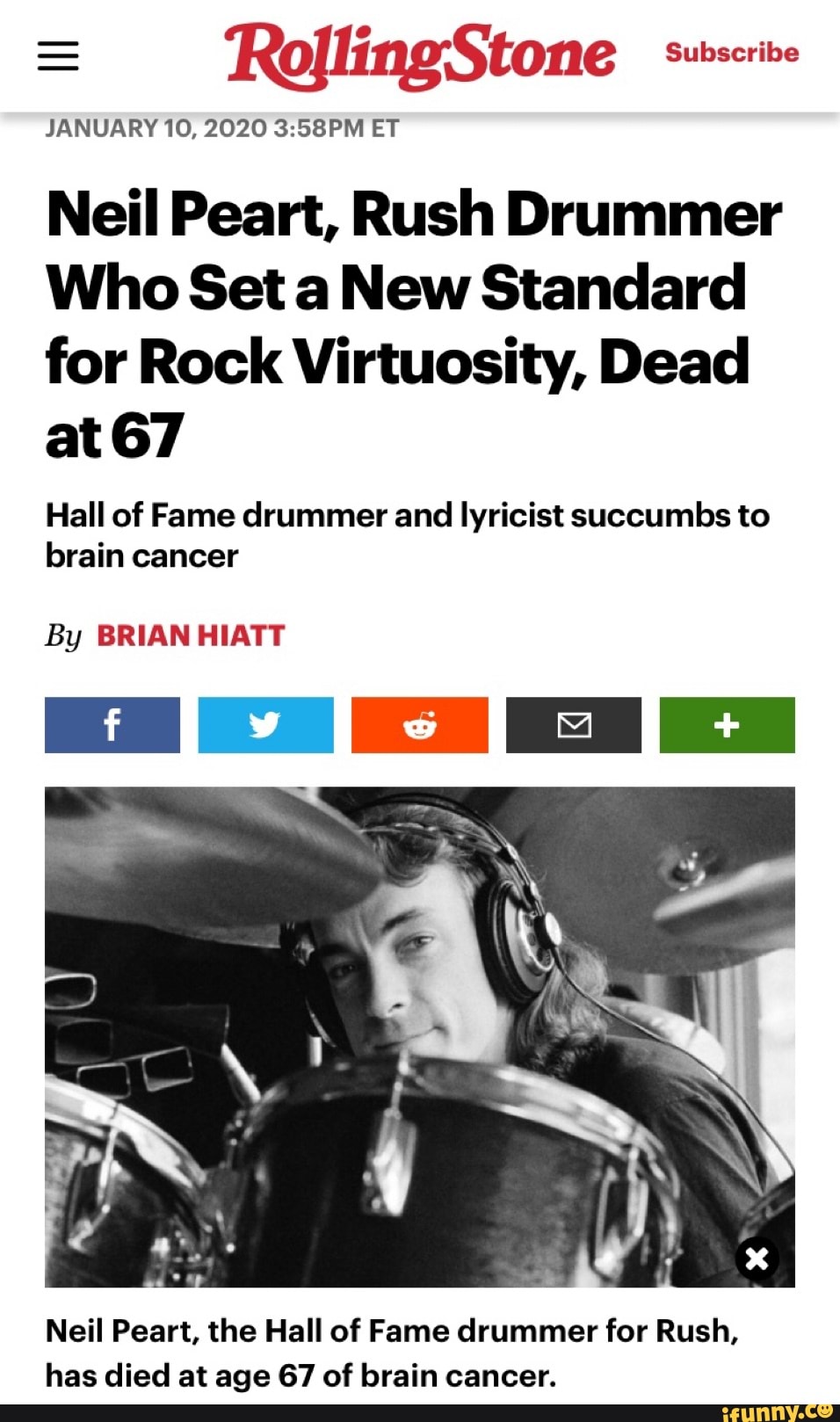 RollingStone Subscribe Neil Peart, Rush Drummer Who Set a New Standard