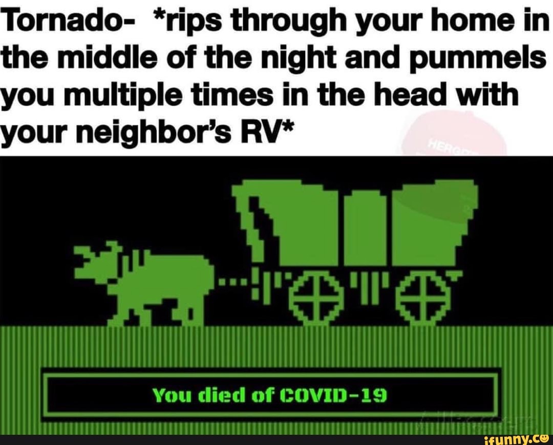 Tornado- *rips through your home in
he middle of the night and pummels
ou multiple times in the head with
our neighbor's RV*
You died of COVID-19