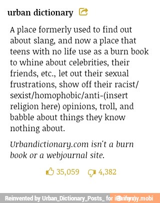 urban dictionary
Aplace formerly used to find out
about slang, and now a place that
teens with no life use as a burn book
to whine about celebrities, their
friends, etc., let out their sexual
frustrations, show off their racist/
sexist/homophobic/anti-(insert
religion here) opinions, troll, and
babble about things they know
nothing about.
Urbandictionary.com isn't a burn
book or a webjournal site.