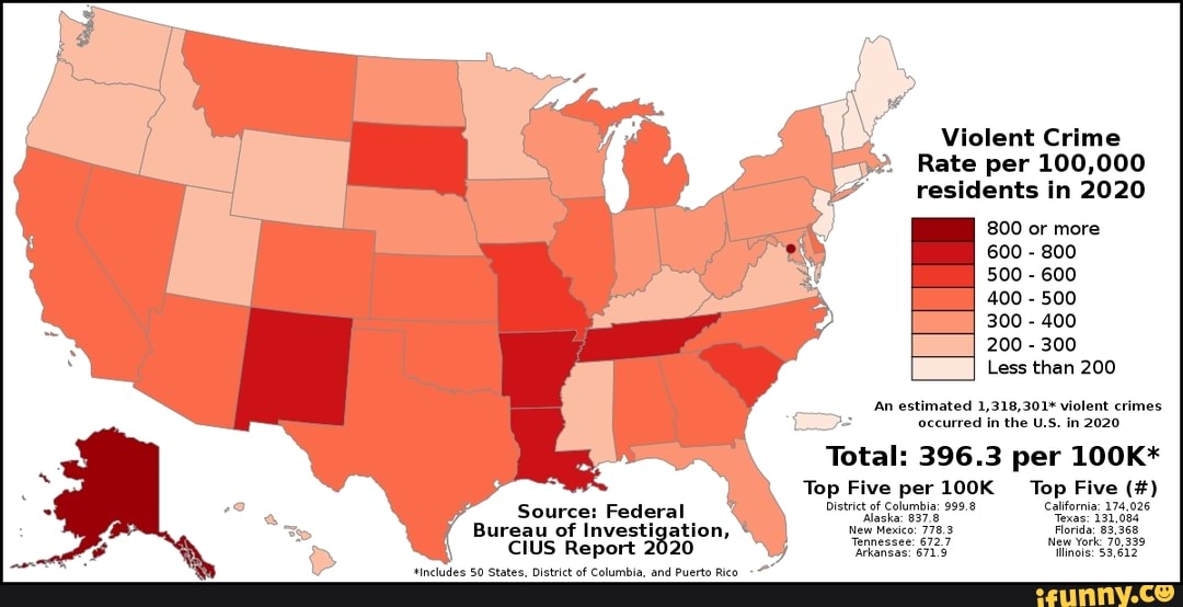 Violent Crime Rate per 100,000 residents in 2020 800 or more 600 - 800 ...