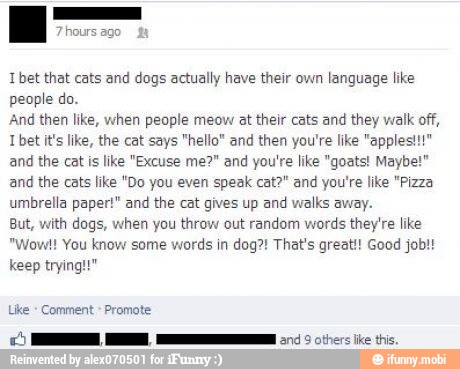 a
hours ago
1 bet that cats and dogs actually have their own language like
people do.
And then like, when people meow at their cats and they walk off,
Tet it's like, the cat says "hello" and then you're like "apples!!!"
and the cat is like "Excuse me?" and you're like "goats! Maybe!"
and the cats like "Do you even speak cat?" and you're like "Pizza
umbrella paper!" and the cat gives up and walks away.
But, with dogs, when you throw out random words they're like
"Wow! You know some words in dog?! That's great!! Good job!!
keep trying!!"
Like
Comment Promote
