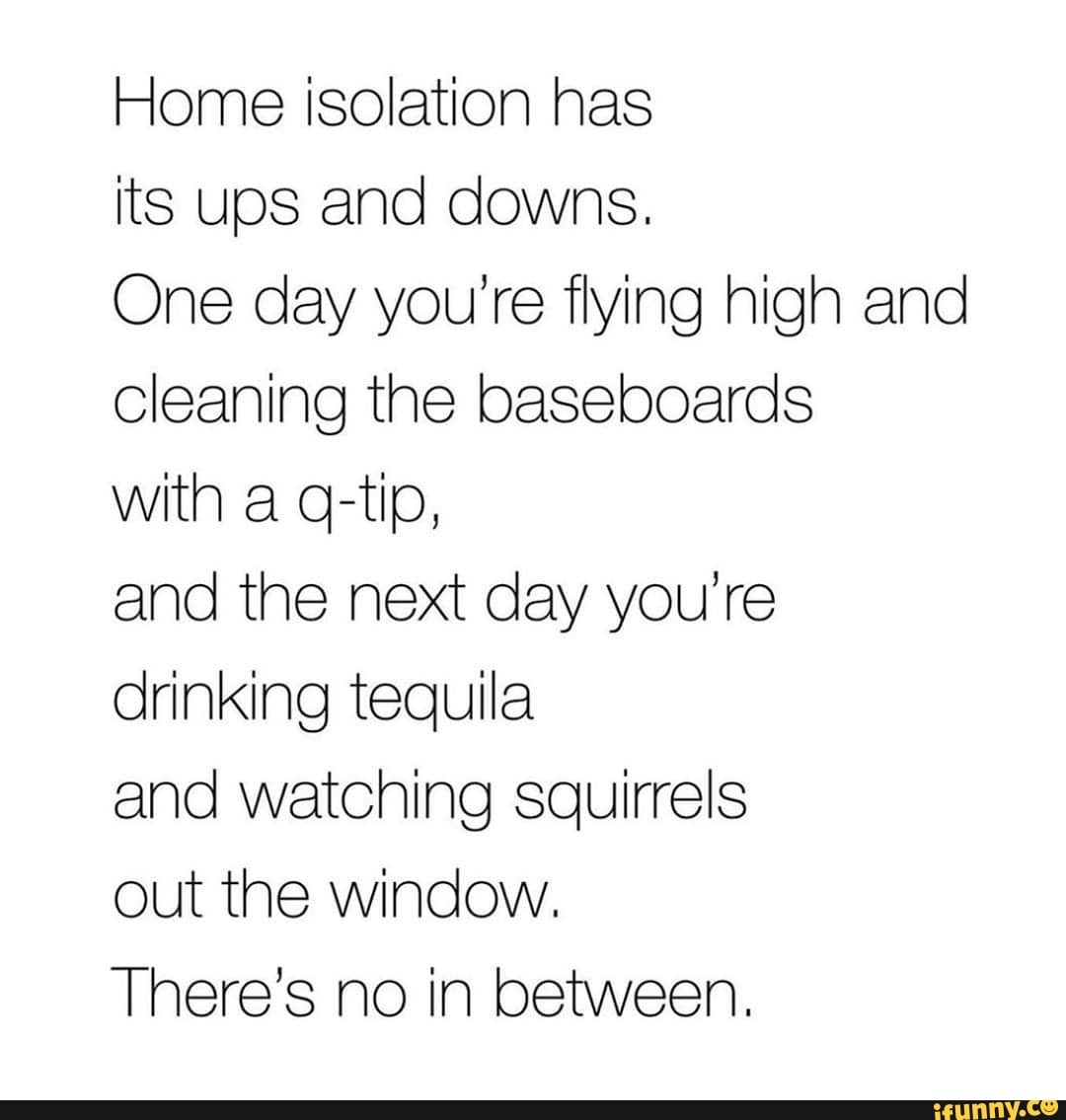 Home Isolation Has Its Ups And Downs One Day You Re Flying High And Cleaning The Baseboards With A Q Tip And The Next Day You Re Drinking Tequila And Watching Squirrels Out The Window