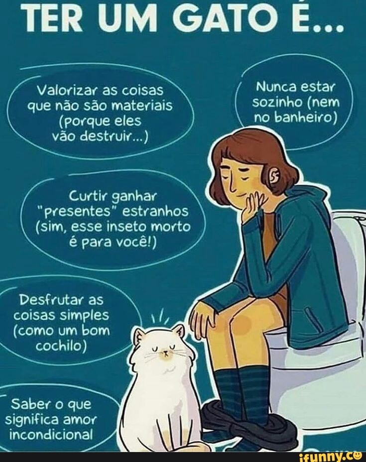 TER UM GATO E...
Nunca estar sozinho (nem no banheiro)
Valorizar as coisas que não são materiais
(porque eles vão destruir...)
Curtir ganhar
"presentes" estranhos
(sim, esse inseto morto é para você!)
Desfrutar as coisas simples
(como um bom cochilo)
Saber o que significa amor incondicional