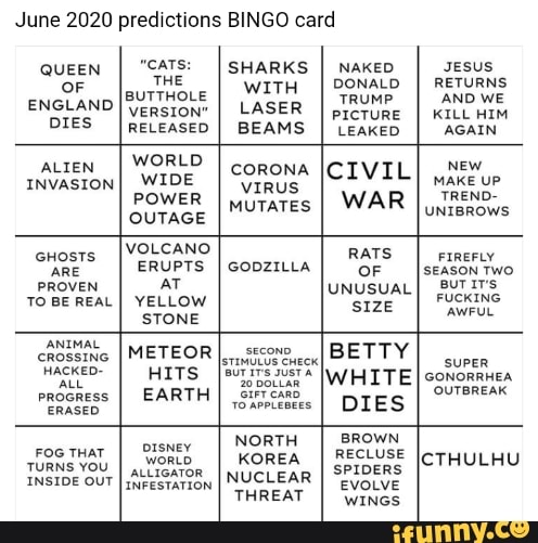 June 2020 predictions BINGO card QUEEN CATS: SHARKS I 