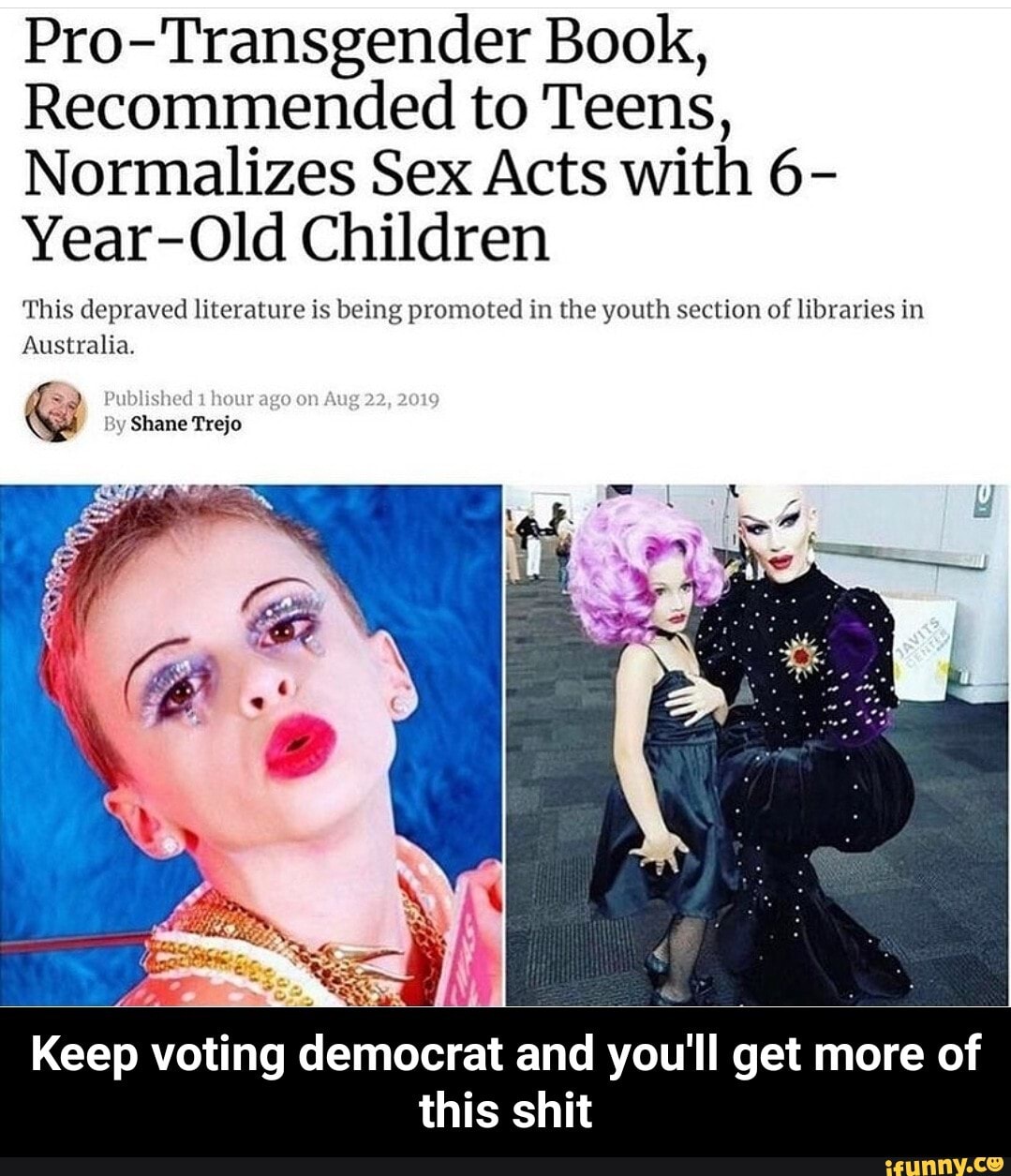 Pro-Transgender Book,
Recommended to Teens,
Normalizes Sex Acts with 6-
Year-Old Children
This depraved literature is being promoted in the youth section of libraries in
Australia.
Pubhishec
By Shane Trejo
Keep voting democrat and you'll get more of this shit - Keep voting democrat and you'll get more of this shit