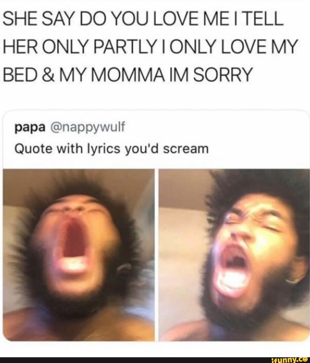 She Say Do You Love Me I Tell Her Only Partly I Only Love My Bed My Momma Im Sorry Papa Nappywulf Quote With Lyrics You D Scream Ifunny