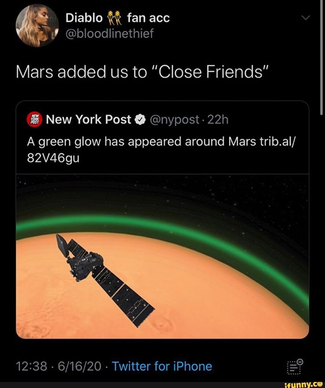 Mars added us to "Close Friends"
®@ New York Post Y Onypost 22h
A green glow has appeared around Mars trib.al/