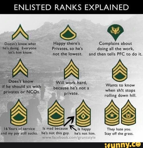 ENLISTED RANKS EXPLAIN
Doesn't know what Happy there's Complains about e's doing. Everyone Privates, so he's doing all the work, not the lowest. and then tells PFC to do it.
Will work hard, he should sit with because he's not ants know privates or NCOs. when shit stops
rolling down hill
I6Years of service mad because is happy They hate you.
and my pay still sucks, he's not this guy. he's not him. Stay off the grass.