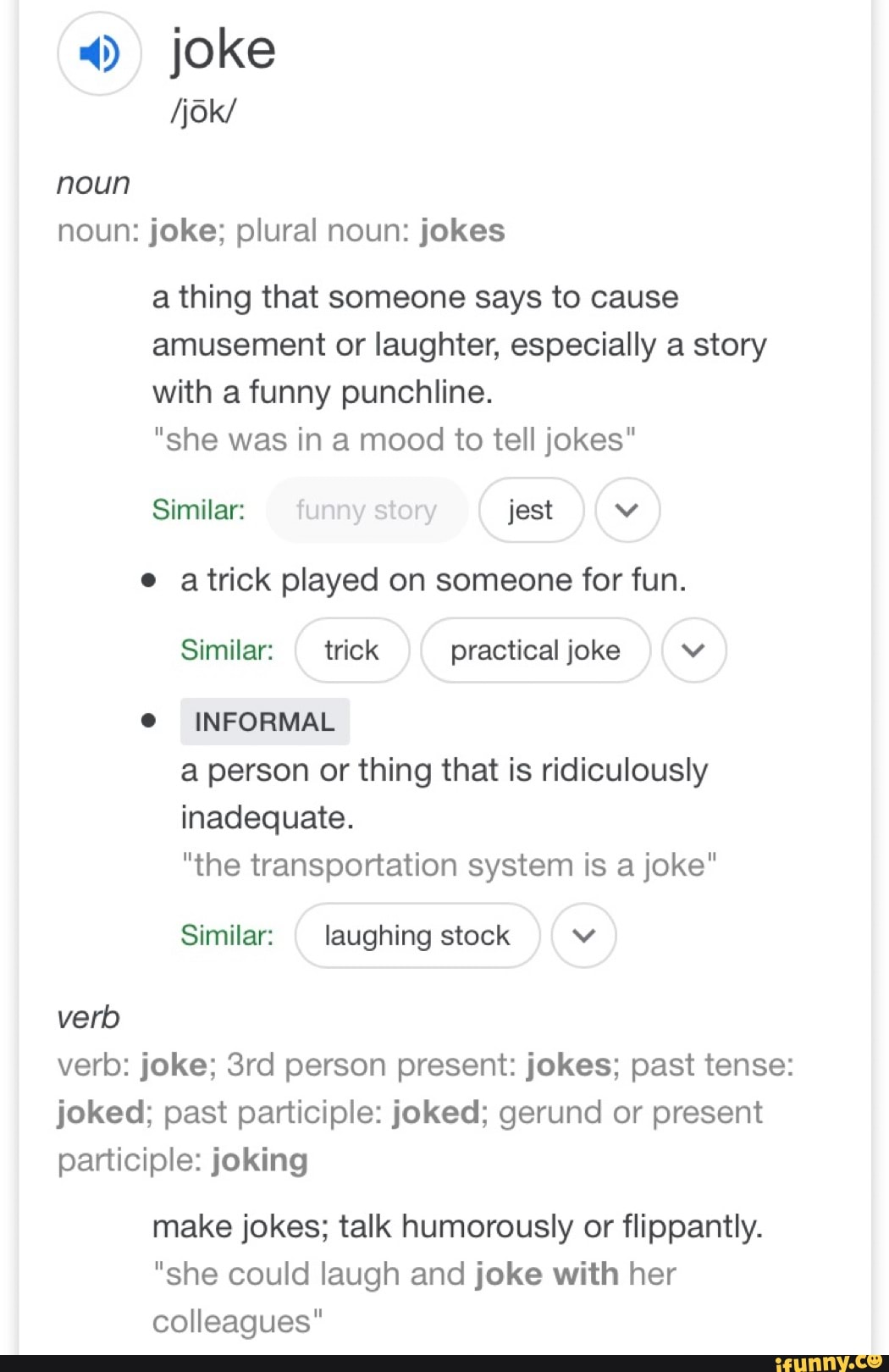 Verb I verb joke; 3rd person present jokes; past tense joked; past