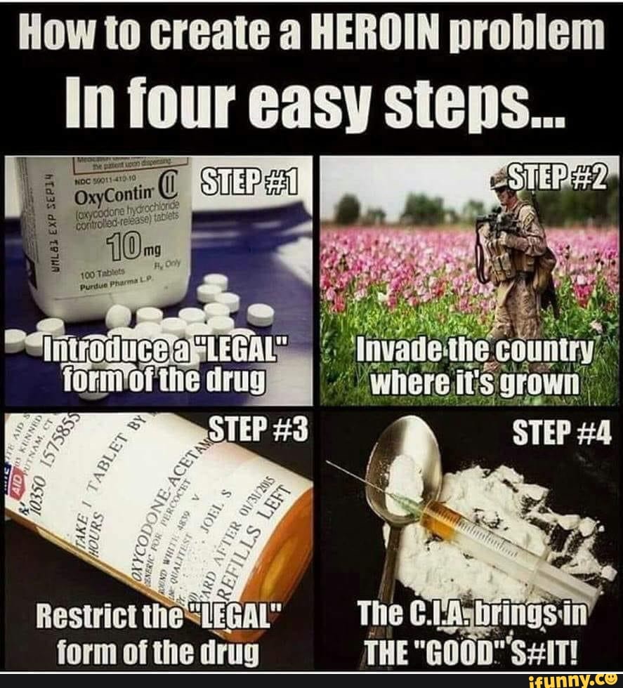 How to create a HEROIN problem
Steps...
In four Gasy
vadethe country' where it's grown
STEP #4
Restrict thec LEGAL" The C. EAsbringsin form of the drug THE "GOOD"
the drug