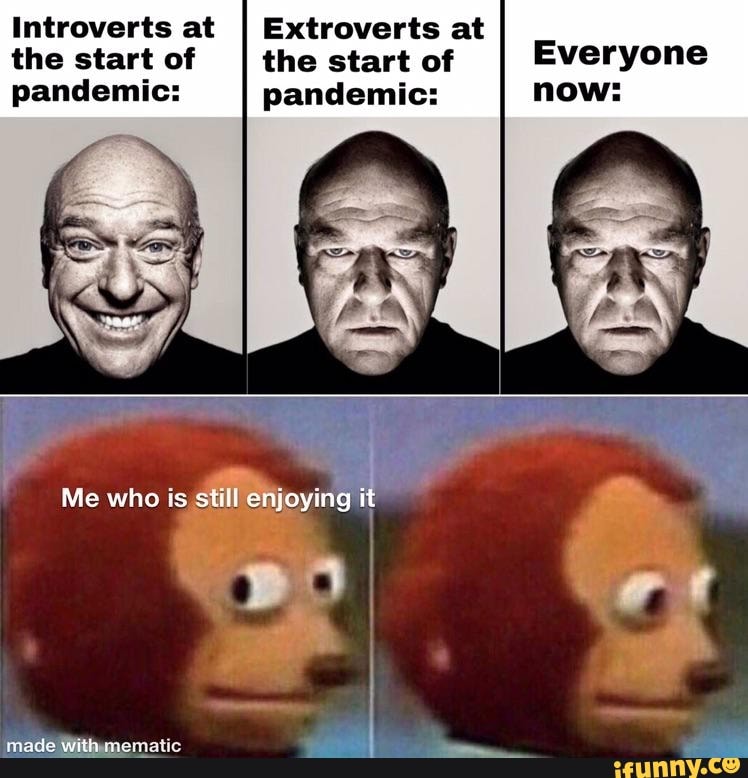 Introverts at I Extroverts at the start of I the start of I Everyone now: pandemic: pandemic:
Me who is still enjoying it
made withmematic