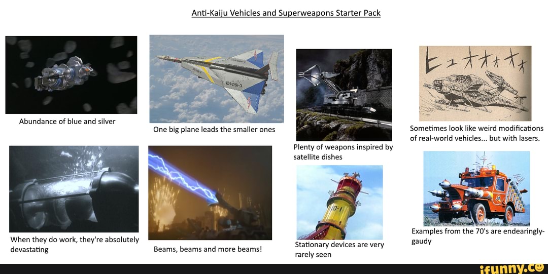 Abundance of blue and silver
When they do work, they're absolutely
devastating
les and Superweapons Starter Pack
Plenty of weapons inspired by
satellite dishes
Stationary devices are very
rarely seen
Beams, beams and more beams!
Sometimes look like weird modifications
of real-world vehicles... but with lasers.
Examples
from the 70's are endearingly-
gaudy