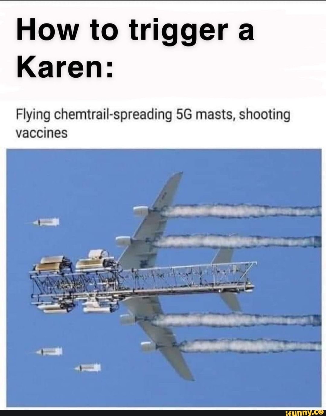 How to trigger a
Karen:
Flying chemtrail-spreading 5G masts, shooting
vaccines
