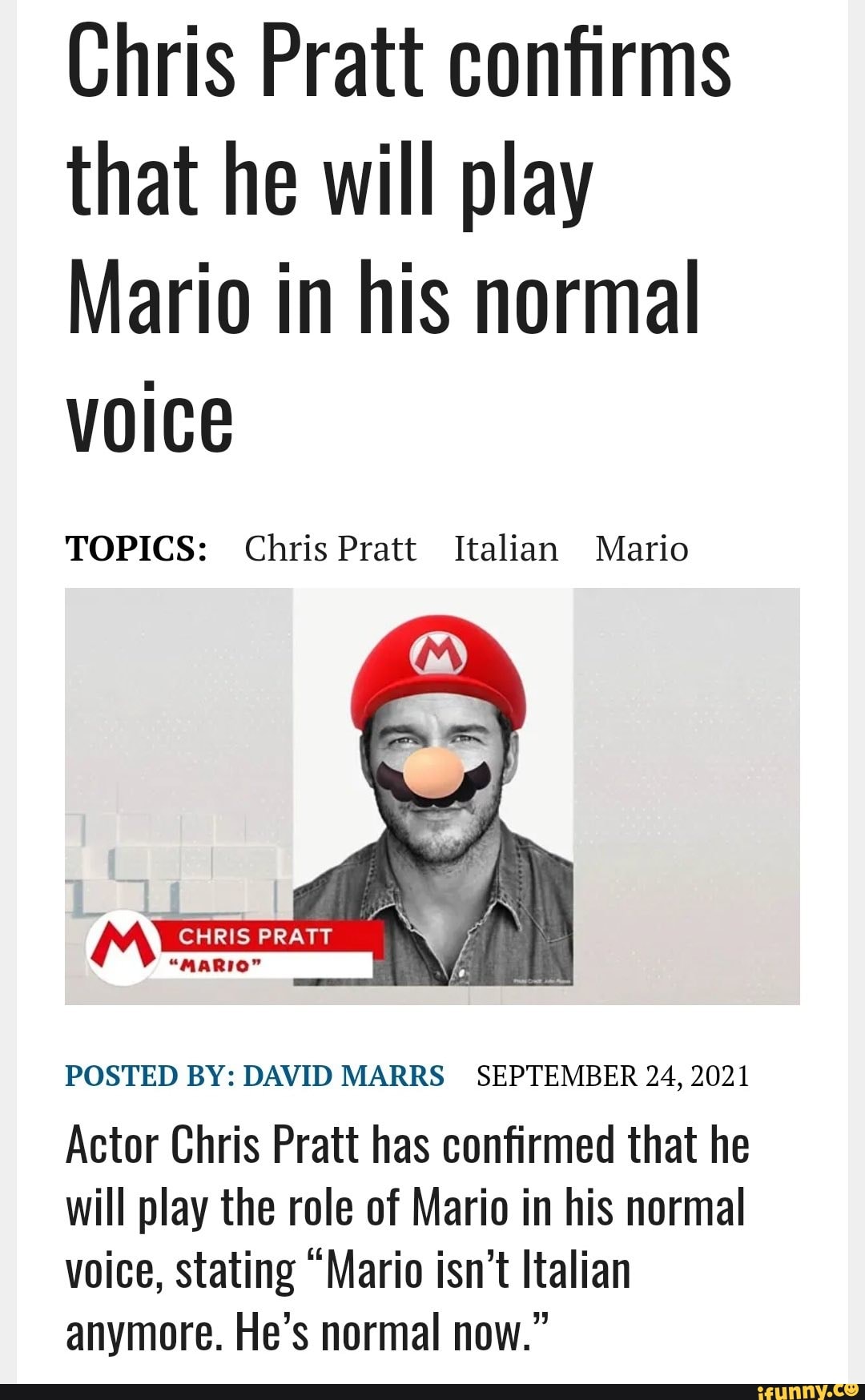 Chris Pratt Confirms That He Will Play Mario In His Normal Voice Topics Chris Pratt Italian 2748