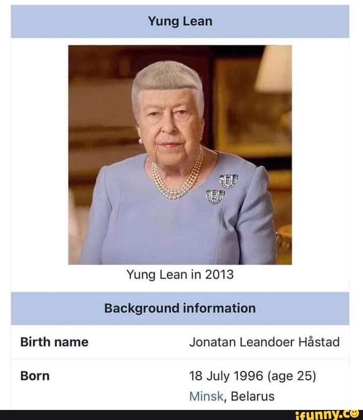 Yung Lean Yung Lean in 2013 Background information Birth name Jonatan