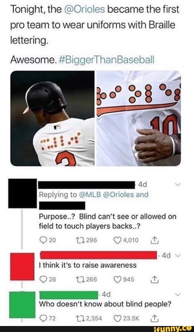 Tonight, the @Orioles became the first pro team to wear uniforms with  Braille lettering. MLB Awesome. #BiggerThanBaseball Baltimore Orioles PM -  Sep 18, 2018 - iFunny Brazil