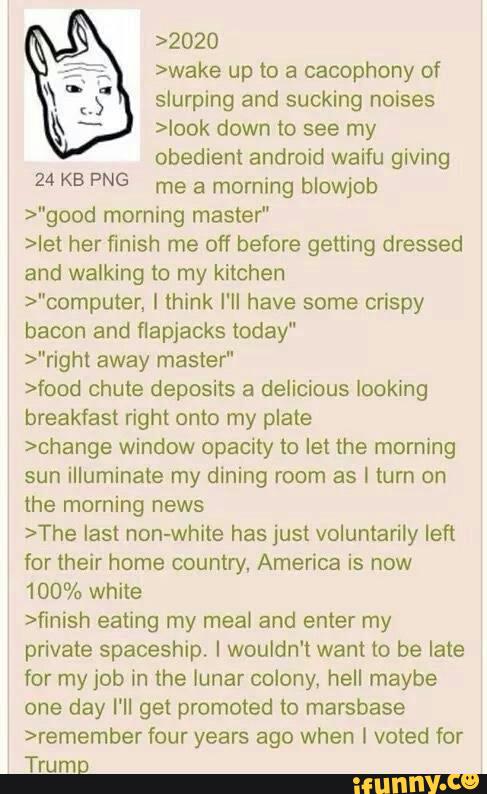>2020
>wake up to a cacophony of
slurping and sucking noises
>Iook down to see my
obedient android waifu giving
2" KB PNG
me a morning blowjob
>"good morning master"
>Ie! her finish me off before getting dressed
and walking to my kitchen
>"computer. I think I'll have some crispy
bacon and flapjacks today"
>"righl away master"
>food chute deposits a delicious looking
breakfast right onto my plate
>change window opacity to let the morning
sun illuminate my dining room as I turn on
the morning news
>The last non-white has just voluntarin left
for their home country, America is now
100% white
>finish eating my meal and enter my
private spaceship, I wouldn‘t want to be late
for my job in the lunar colony, hell maybe
one day I'll get promoted to marsbase
>remember four years ago when I voted for
Trumn