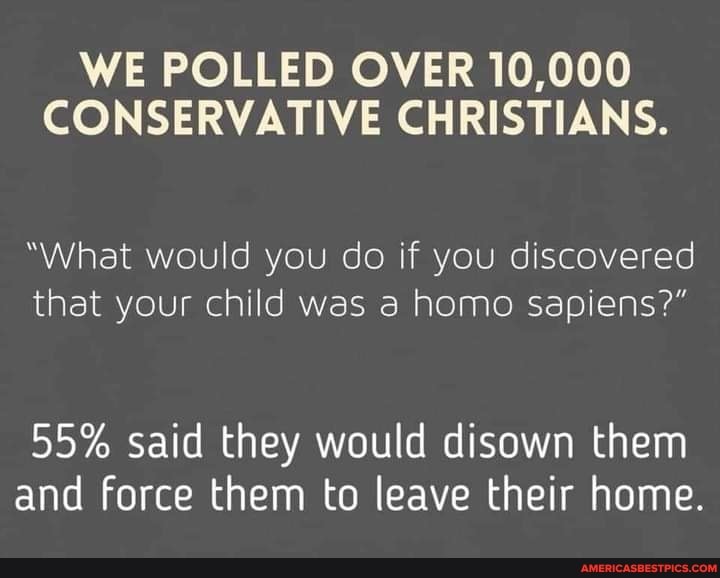WE POLLED OVER 10,000
CONS
"What would you do if you discovered that your child was a homo sapiens?"
55% Sa
55% id they would disown them
and force them to leave their home.