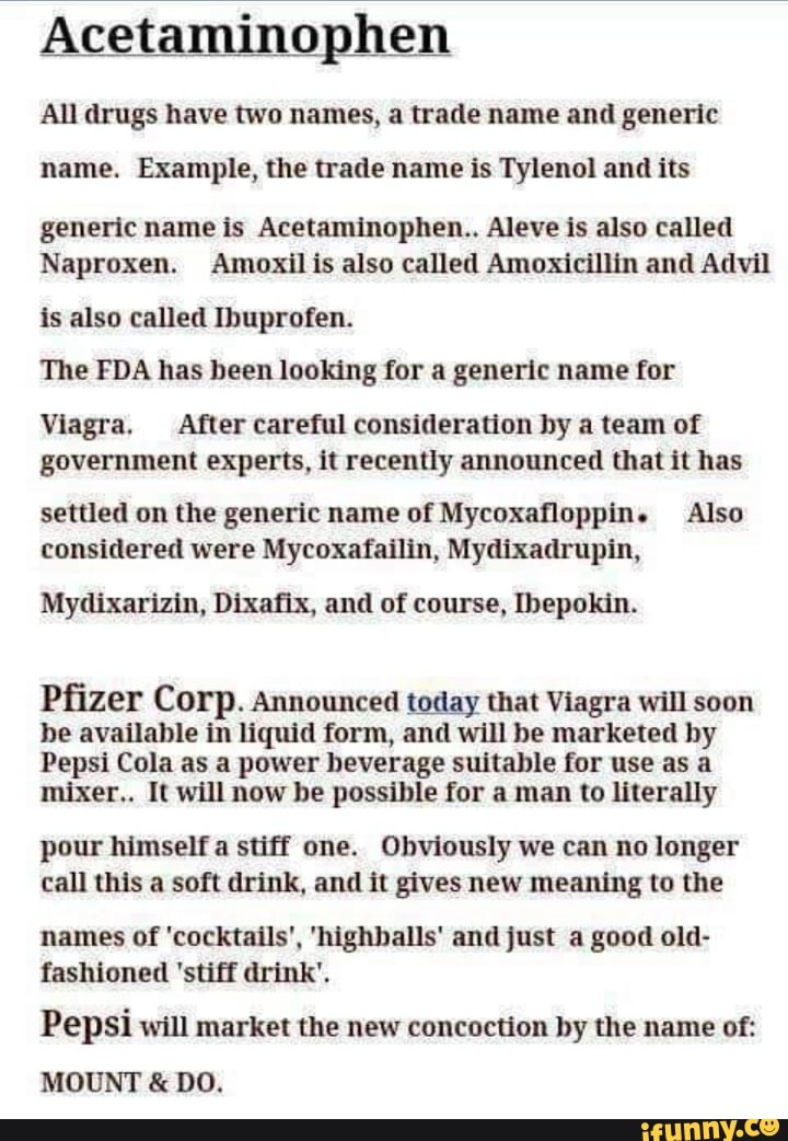 Acetaminophen All drugs have two names, a trade name and generic name