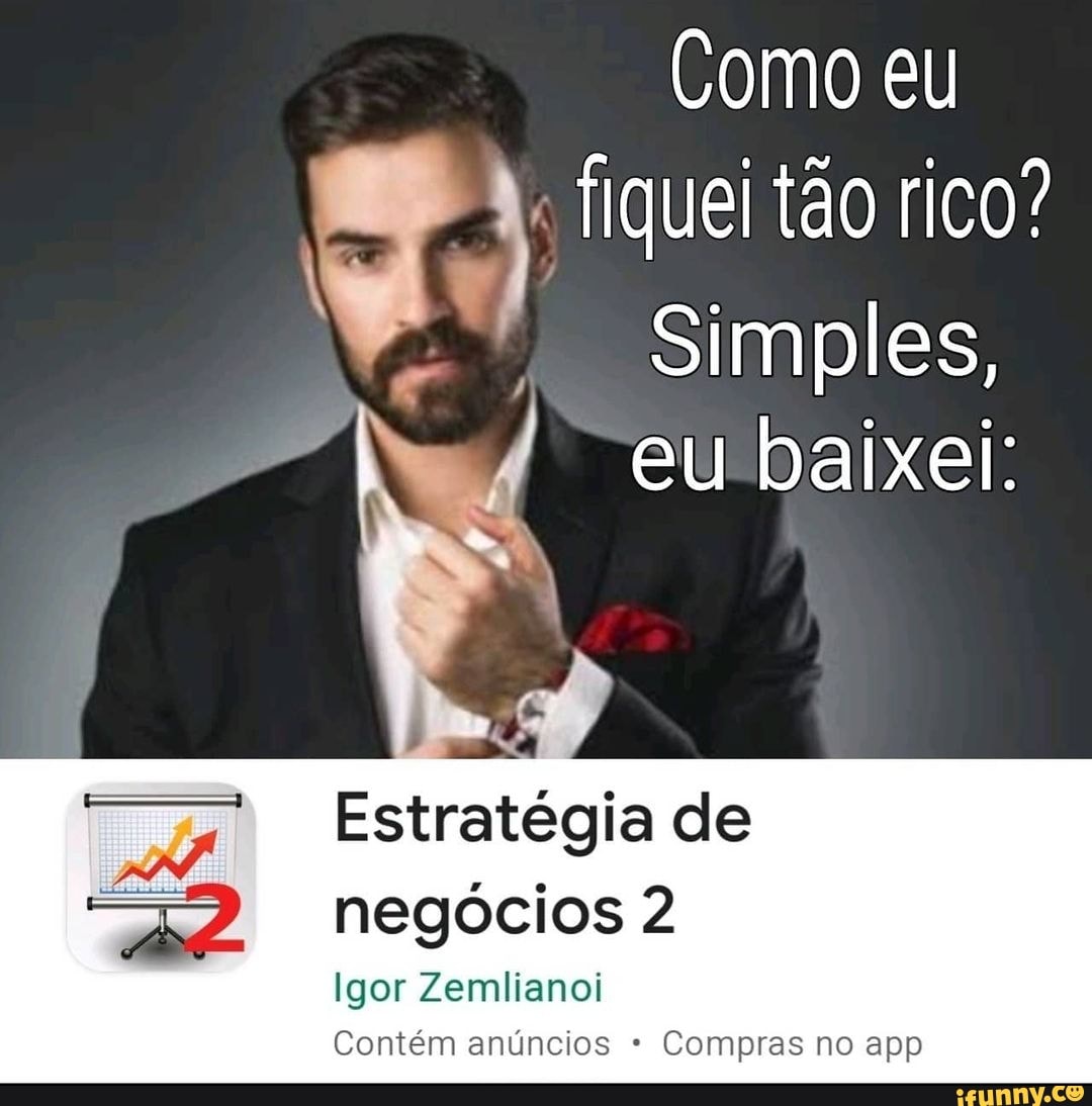 Como eu
I ) fiquei tão rico?
eu baixei:
Estrategia de
negócios 2
Igor Zemlianoi
Contem anúncios Compras no app