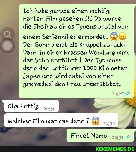 I Ich habe gerade einen richtig harten Film gesehen Da wurde
die Ehefrau eines Typens brutal von einem Serienkiller ermordet, (1)
Der Sohn bleibt als Krüppel zurück,
Dann in einer krassen Wendung wird der Sohn entführt ! Der Typ muss dann den Entführer 1000 Kilometer
Jagen und wird dabei von einer gremzdebilden Frau unterstützt,
Oha heftig
Welcher Film war das denn den?
Findet Nemo
