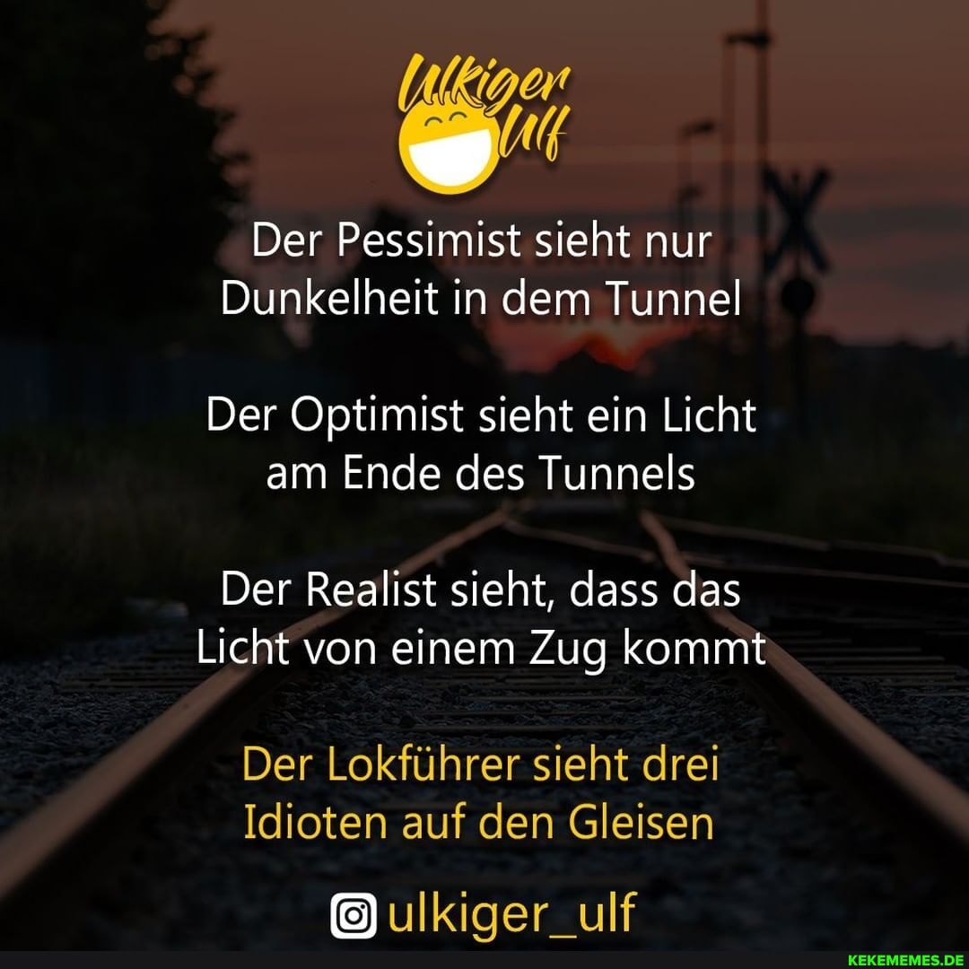 Der Pessimist sieht nur
Dunkelheit in dem Tunnel
Der Optimist sieht ein Licht am Ende des Tunnels
Der Realist sieht, dass das
Licht von einem Zug kommt
Der Lokführer sieht drei
Idioten auf den Gleisen
ulkiger_ulf