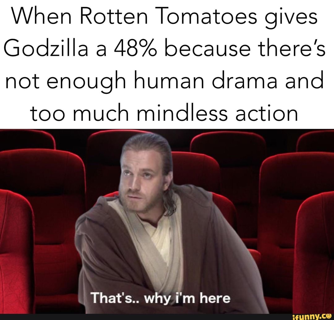 When Rotten Tomatoes gives
Godzilla a
48% because there’s
not enough human drama and
too much mindless action
V
That's..
why i'm here
