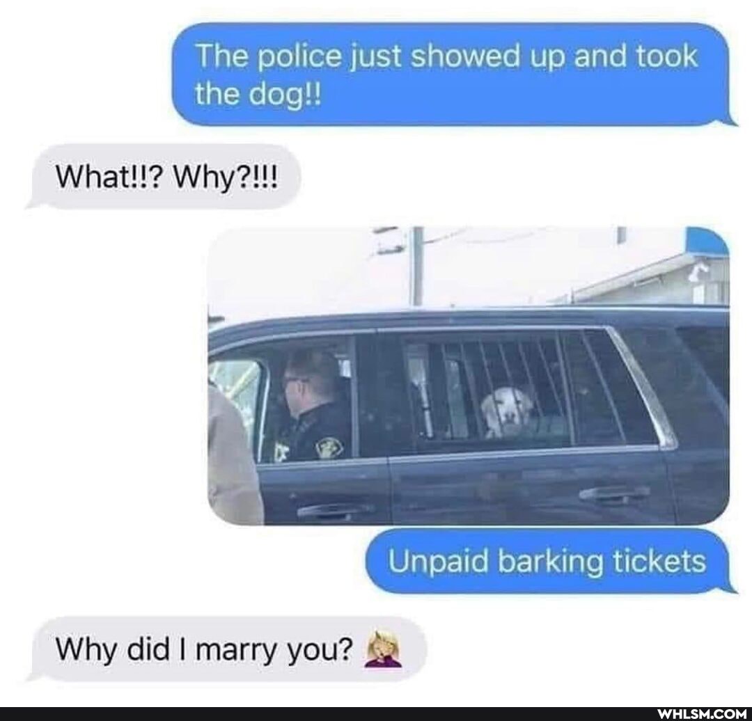 The police just showed up and took the dog!!
What!!? Why?!!!
Unpaid barking tickets
Why did I marry you?