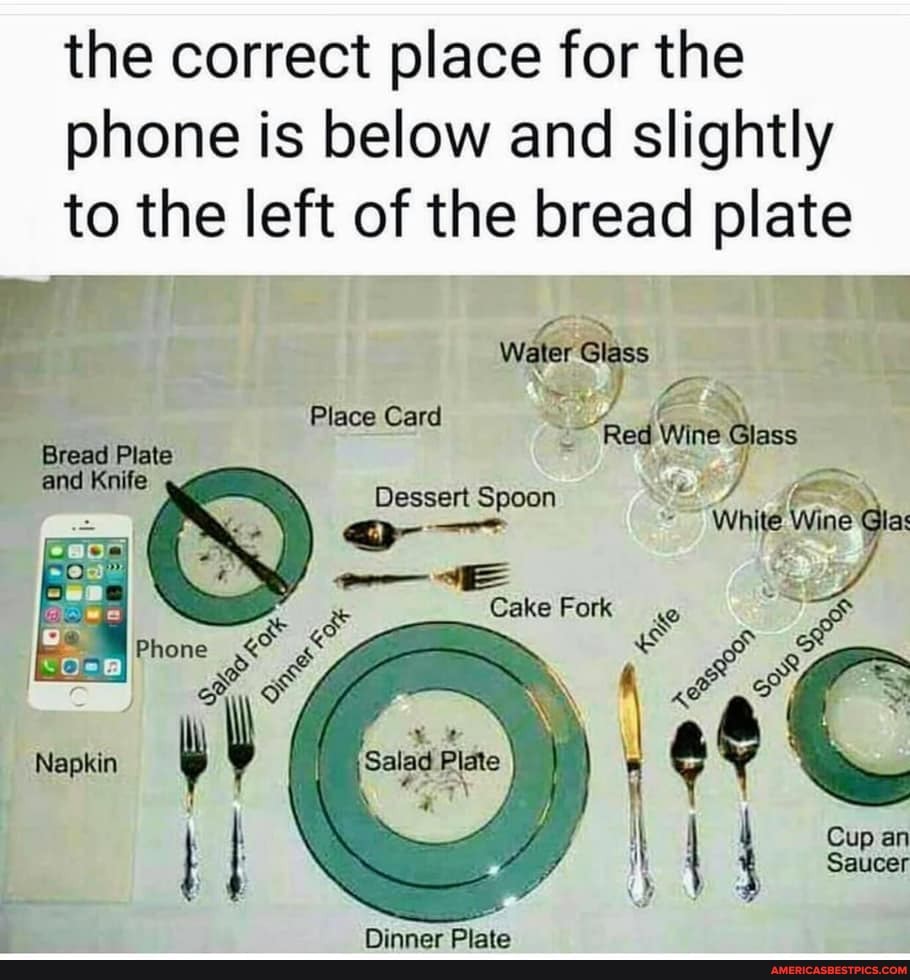 the correct place for the phone is below and slightly to the left of the bread plate
wifer lass
Place Card
Dessert Spoon SE/
White Wine Gla:
and
Forts
Cup an