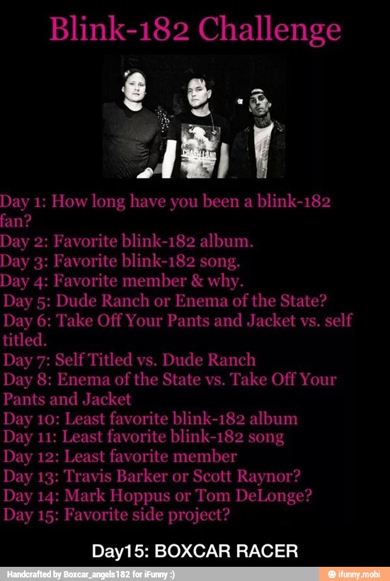 Pants and Jacket
Day 10: Least favorite blink-182 album
Day 13: Travis Barker or Scott Raynor?
Day 14: Mark Hoppus or Tom DeLonge?
Day 15: Favorite side project?
Day15: BOXCAR RACER - Day15: BOXCAR RACER