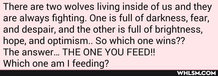 There are two wolves living inside of us and they are always fighting. One is full of darkness, fear, and despair, and the other is full of brightness, hope, and optimism.. So which one wins??
The answer... THE ONE YOU FEED!!
\AI AIA nna am fandinnd