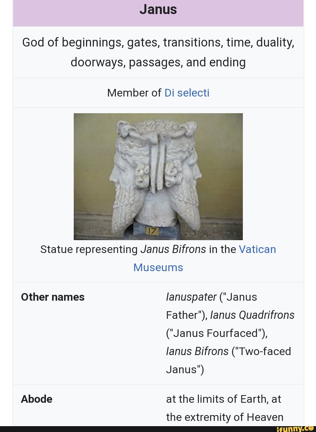 Janus God of beginnings, gates, transitions, time, duality, doorways