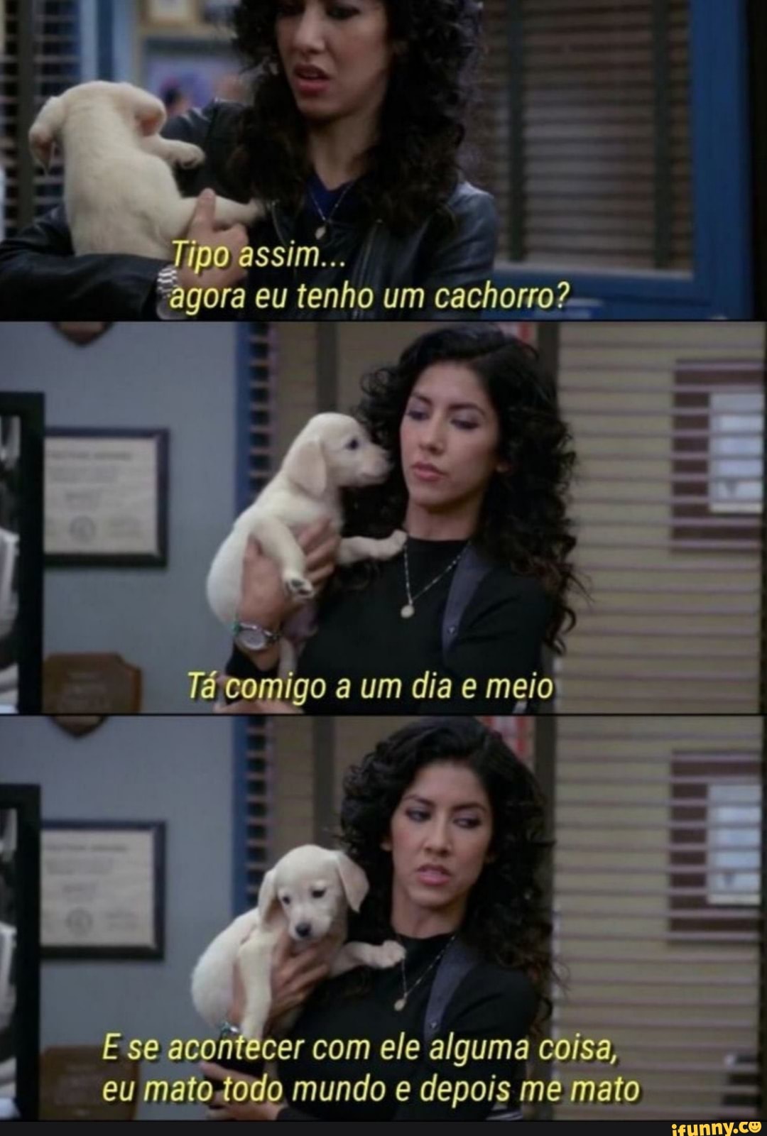 Tipo assim...
agora eu tenho um cachorro?
Tá comigo a um dia e meio
E se acontecer com ele alguma coisa, eu mato todo mundo e depois me mato