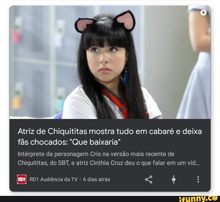 Atriz de Chiquititas mostra tudo em cabaré e deixa
fãs chocados: "Que baixaria"
Intérprete da personagem Cris na versão mais recente de
Chiquititas, do SBT, a atriz Cinthia Cruz deu o que falar em um víd...