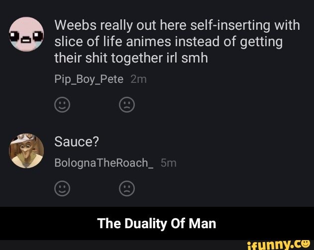 Weebs really out here self-inserting with
slice of life animes instead of getting
their shit together irl smh
Pip_Boy_Pete
The Duality Of Man - The Duality Of Man