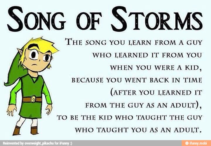 SONG OF STORMS
= THE SONG YOU LEARN FROM A GUY
WHO LEARNED IT FROM YOU
WHEN YOU WERE A KID,
BECAUSE YOU WENT BACK IN TIME
(AFTER YOU LEARNED IT
FROM THE GUY AS AN
ADULT),
TO BE THE KID WHO TAUGHT THE GUY
WHO TAUGHT YOU AS AN ADULT.
