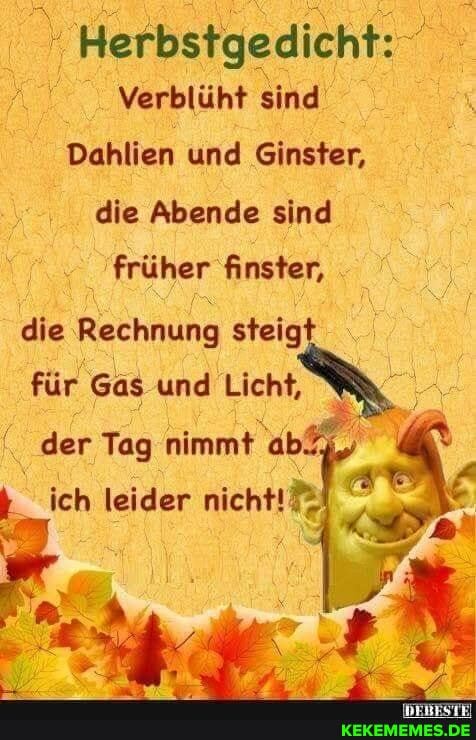 Herbstgedicht:
Verblüht sind
Dahlien und Ginster, die Abende sind früher finster,
die Rechnung steig für Gas und Licht, der Tag nimmt leider nii <