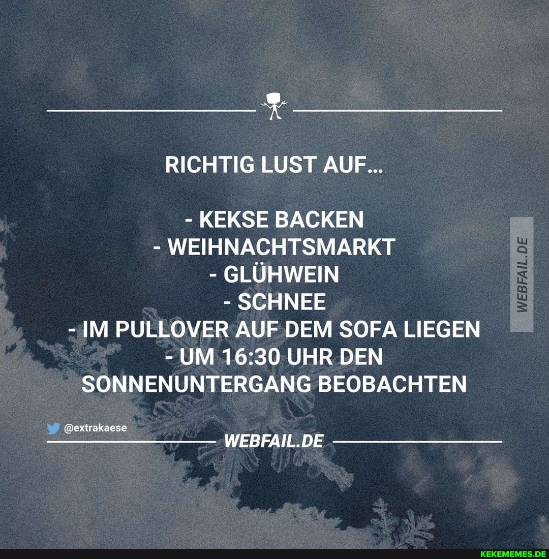 RICHTIG LUST AUF...
- KEKSE BACKEN
- WEIHNACHTSMARKT
- GLÜHWEIN
- SCHNEE
- IM PULLOVER AUF DEM SOFA LIEGEN
- UM UHR DEN SONNENUNTERGANG BEOBACHTEN
@extrakaese
WEBFAIL.DE