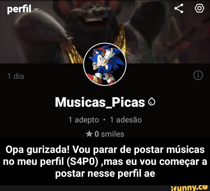 perfil
dia
Musicas. Picas O adepto 1 adesão smiles
Opa gurizada! Vou parar de postar músicas no meu perfil (S4P0) mas eu vou começar a postar nesse perfil ae - Opa gurizada! Vou parar de postar músicas no meu perfil (S4P0) ,mas eu vou começar a postar nesse perfil ae