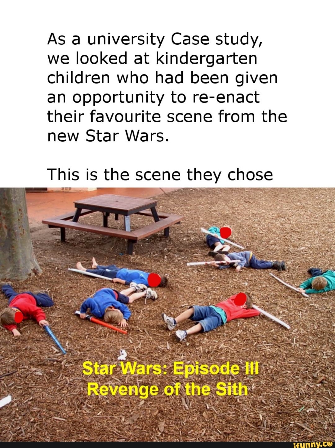 As a university Case study, we looked at kindergarten children who had been given an opportunity to re-enact their favourite scene from the new Star Wars.
This is the scene they chose
"Episode