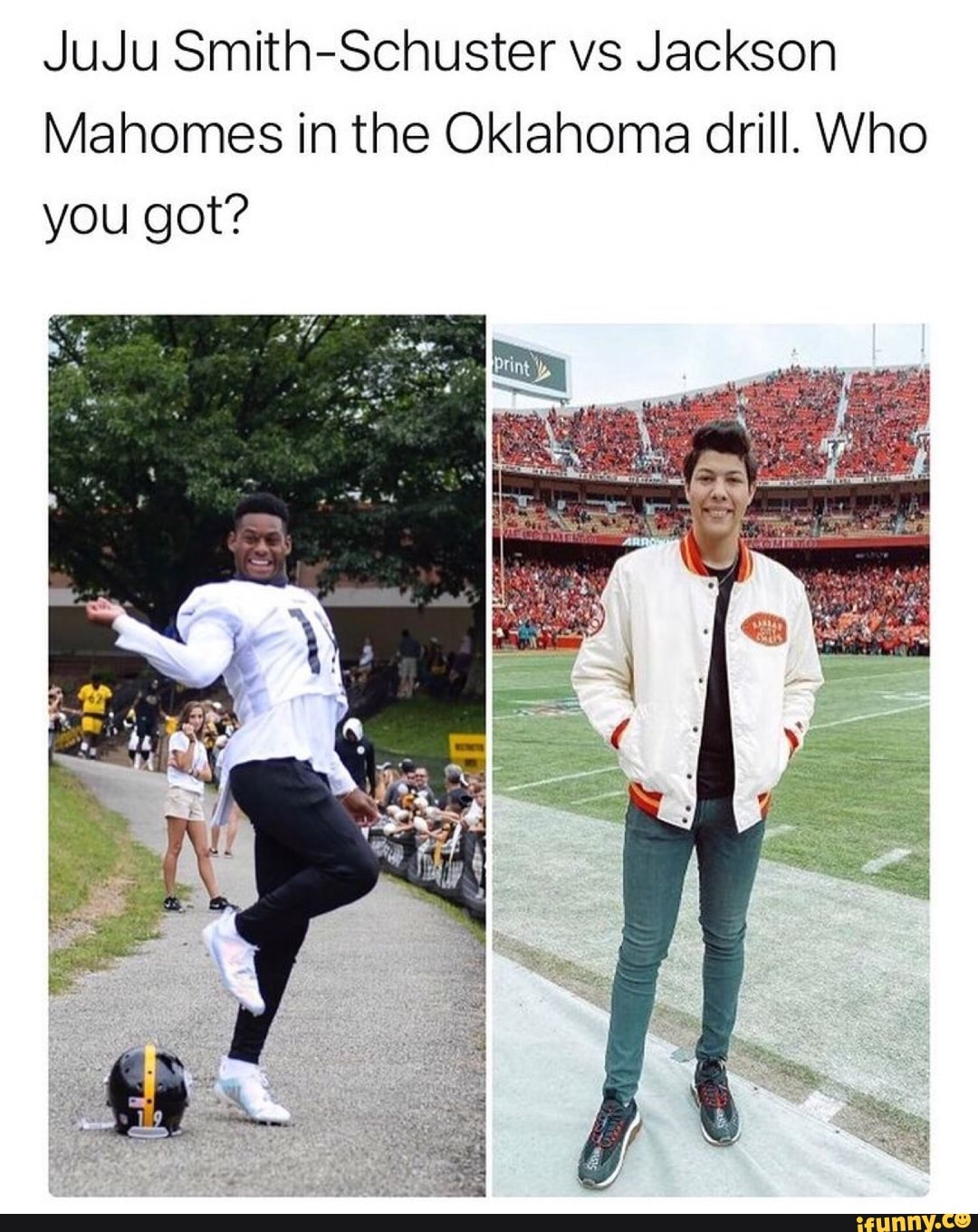 JuJu SmithSchuster vs Jackson Mahomes in the Oklahoma drill. Who you