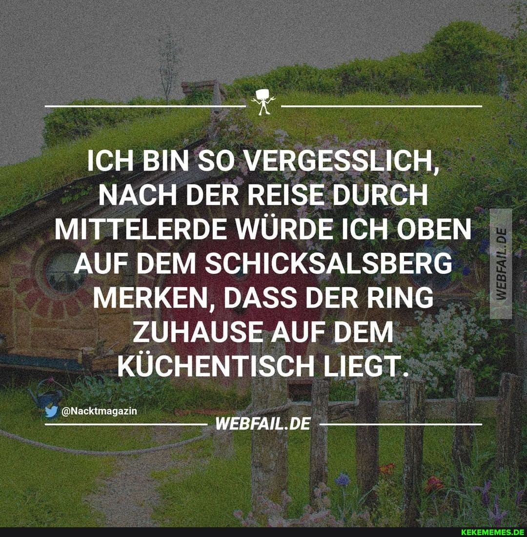 ICH BIN SO VERGESSLICH,
NACH DER REISE DURCH MITTELERDE WÜRDE ICH OBEN AUF DEM SCHICKSALSBERG MERKEN, DASS DER RING ZUHAUSE AUF DEM KÜCHENTISCH LIEGT.
@Nacktmagazin
WEBFAIL.DE